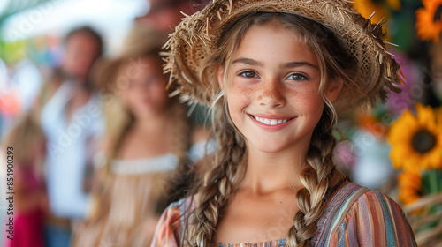 A young girl with braids and a straw hat smiles brightly at the camera, surrounded by the cheerful atmosphere of a summer festival