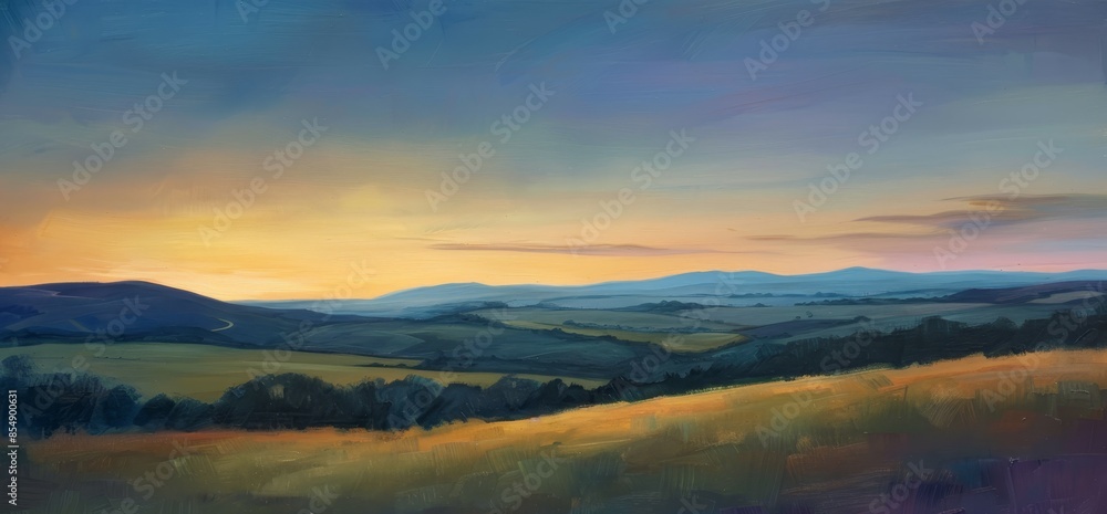 Oil painting of a rural landscape at sunset with rolling hills and a hazy sky. Oil painting of a rural landscape at sunset with rolling hills and a hazy sky.