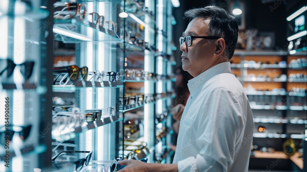 Man Shopping for Glasses in High-End Store. The shelves are filled with designer eyeglasses. The image has a modern and stylish feel, perfect for use in advertising or marketing. AI Man Shopping for Glasses in High-End Store. The shelves are filled with designer eyeglasses. The image has a modern and stylish feel, perfect for use in advertising or marketing. AI