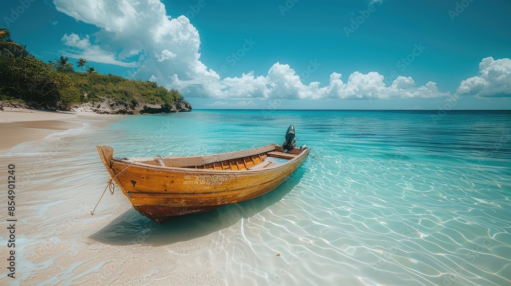Beautiful tropical beach with clear turquoise water and a wooden boat on a white sand Beautiful tropical beach with clear turquoise water and a wooden boat on a white sand