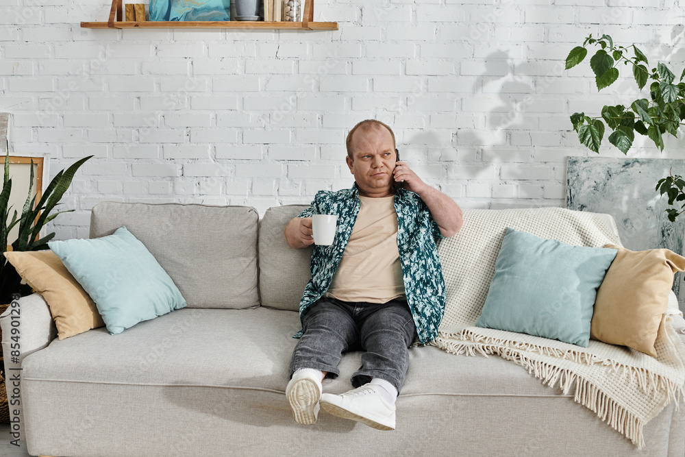 Obraz premium A man with inclusivity sits on a couch, holding a cup of coffee and talking on the phone.