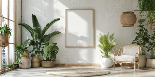 The photo shows a bright living room with many houseplants and a large empty frame on the wall