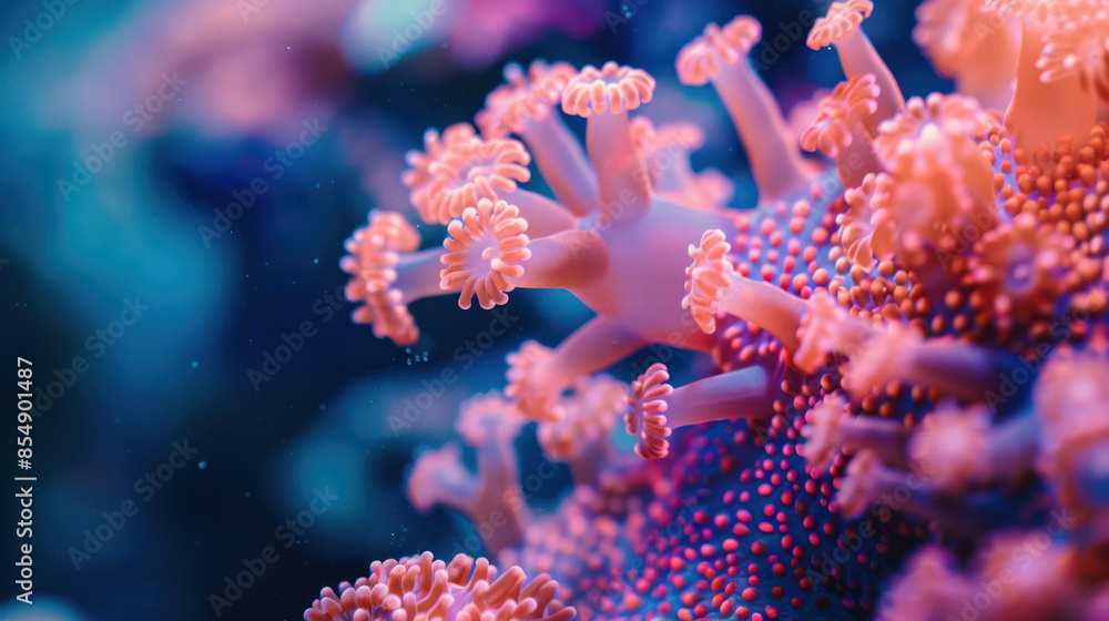 Naklejka premium A close-up shot showcasing the intricate details of pink coral polyps in an aquarium environment