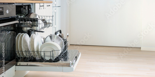 Wall Mural Open built-in dishwasher machine with clean cutlery, dishes, plates in white modern kitchen