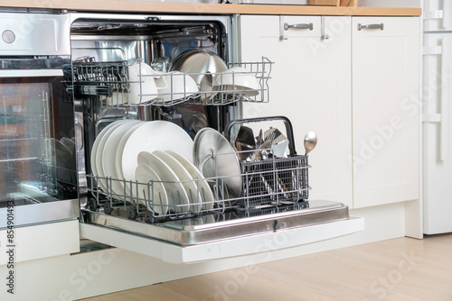 Full load dishwashing machine. Clean dishes and cutlery. convenience in the modern kitchen