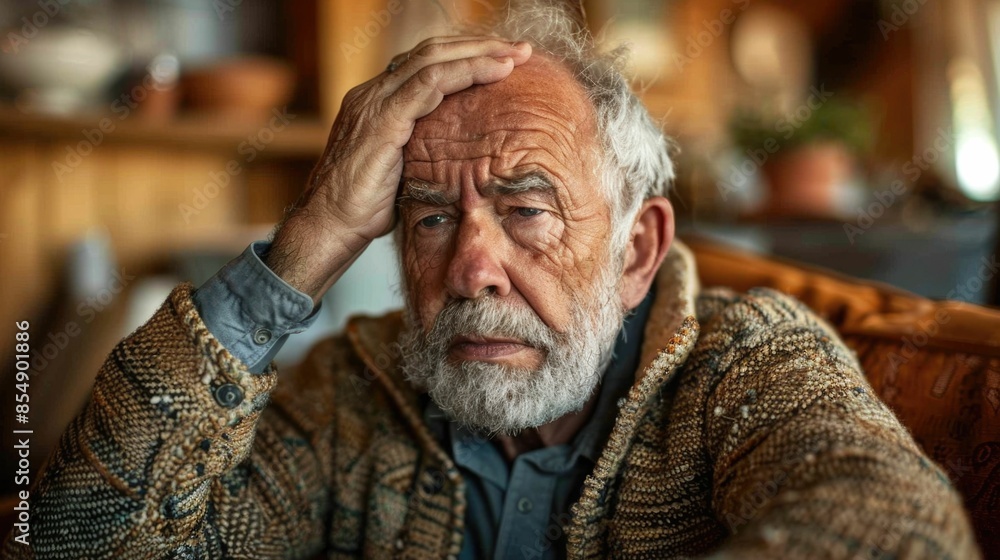 Closeup portrait of an elderly man with a pained worried expression holding his head while sitting alone on a sofa in a dimly lit interior room  The scene evokes feelings of distress melancholy