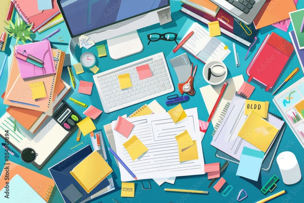 An illustration of a cluttered desk strewn with papers, sticky notes, and an assortment of office supplies, capturing the organized chaos of a busy workspace. An illustration of a cluttered desk strewn with papers, sticky notes, and an assortment of office supplies, capturing the organized chaos of a busy workspace.