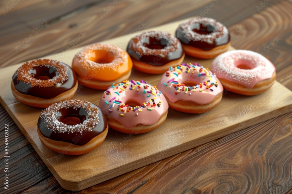 Freshly baked donuts in an array of flavors, artfully arranged on a natural wooden serving board, showcasing their tempting golden-brown exteriors and delectable toppings. Freshly baked donuts in an array of flavors, artfully arranged on a natural wooden serving board, showcasing their tempting golden-brown exteriors and delectable toppings.