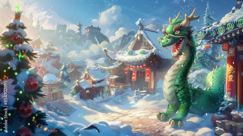 Festive Winter Dragon Village Generative AI photo