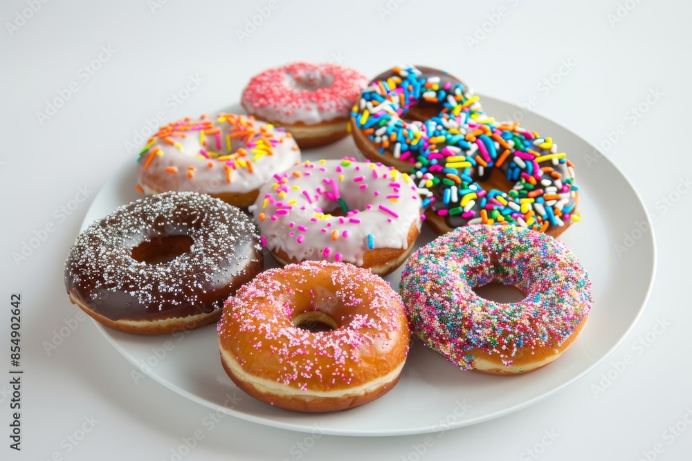 An inviting array of colorful glazed and sprinkled donuts arranged neatly on a pristine white plate. An inviting array of colorful glazed and sprinkled donuts arranged neatly on a pristine white plate.