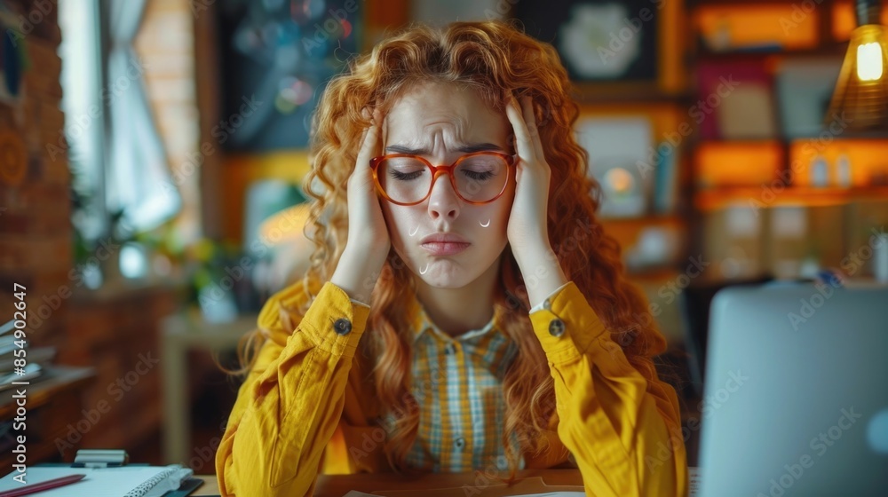 Portrait of a frustrated and stressed woman sitting at her desk rubbing her temples in pain as she struggles with a problem or challenge at work She appears overwhelmed and anxious Portrait of a frustrated and stressed woman sitting at her desk rubbing her temples in pain as she struggles with a problem or challenge at work She appears overwhelmed and anxious
