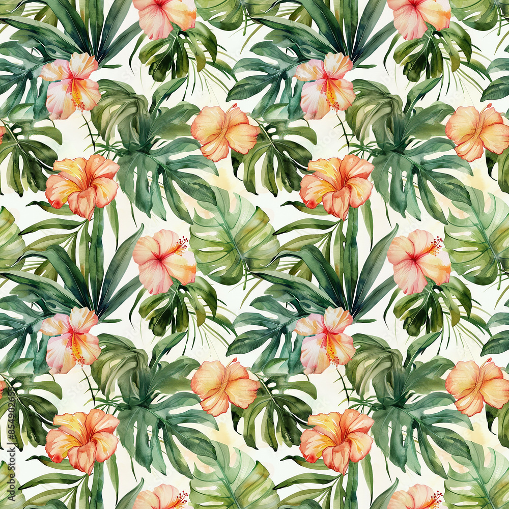 Watercolor tropical flowers and leaves pattern Watercolor tropical flowers and leaves pattern