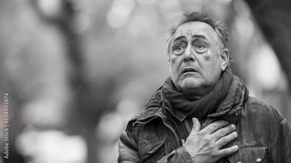 Closeup portrait of a middle aged man clutching his chest with a distressed anguished expression while standing outdoors in an urban or natural setting Closeup portrait of a middle aged man clutching his chest with a distressed anguished expression while standing outdoors in an urban or natural setting
