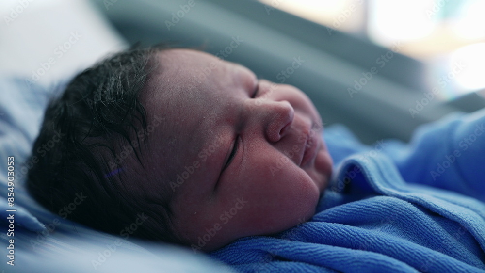 Newborn Baby's First Day - Intimate Close-Up of Infant Exploring New Surroundings Newborn Baby's First Day - Intimate Close-Up of Infant Exploring New Surroundings