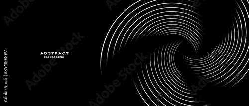 Black abstract background with spiral circle lines, technology futuristic template. Vector illustration.