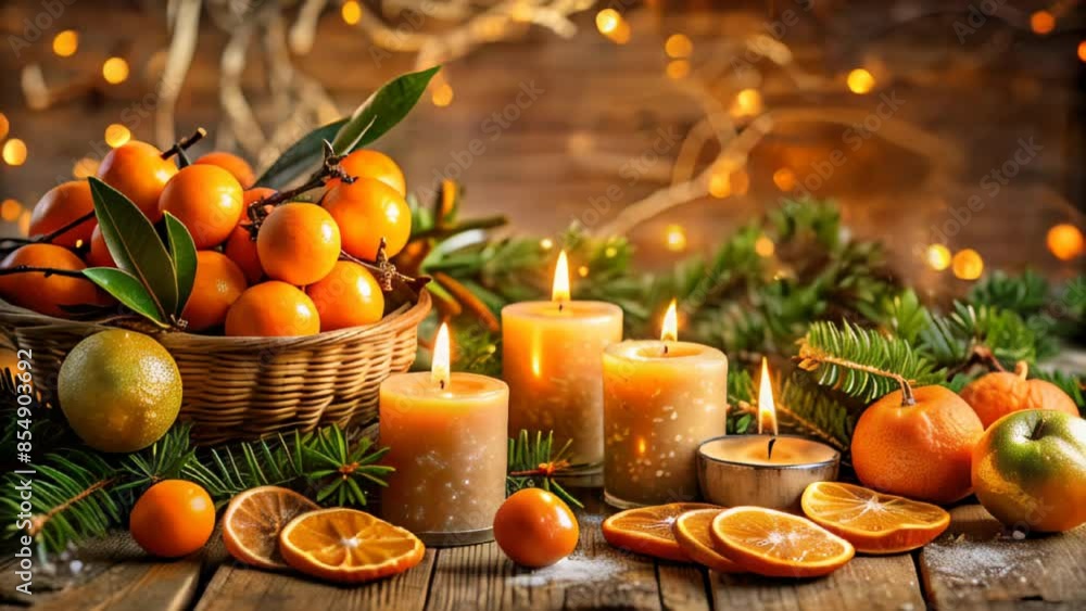 New Year's background with tangerines and candles New Year's background with tangerines and candles