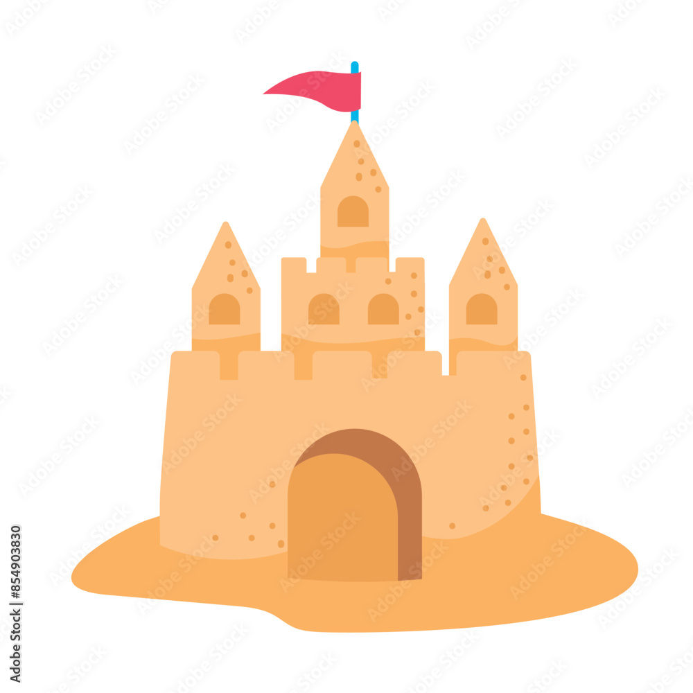 built sand castle with towers and flag