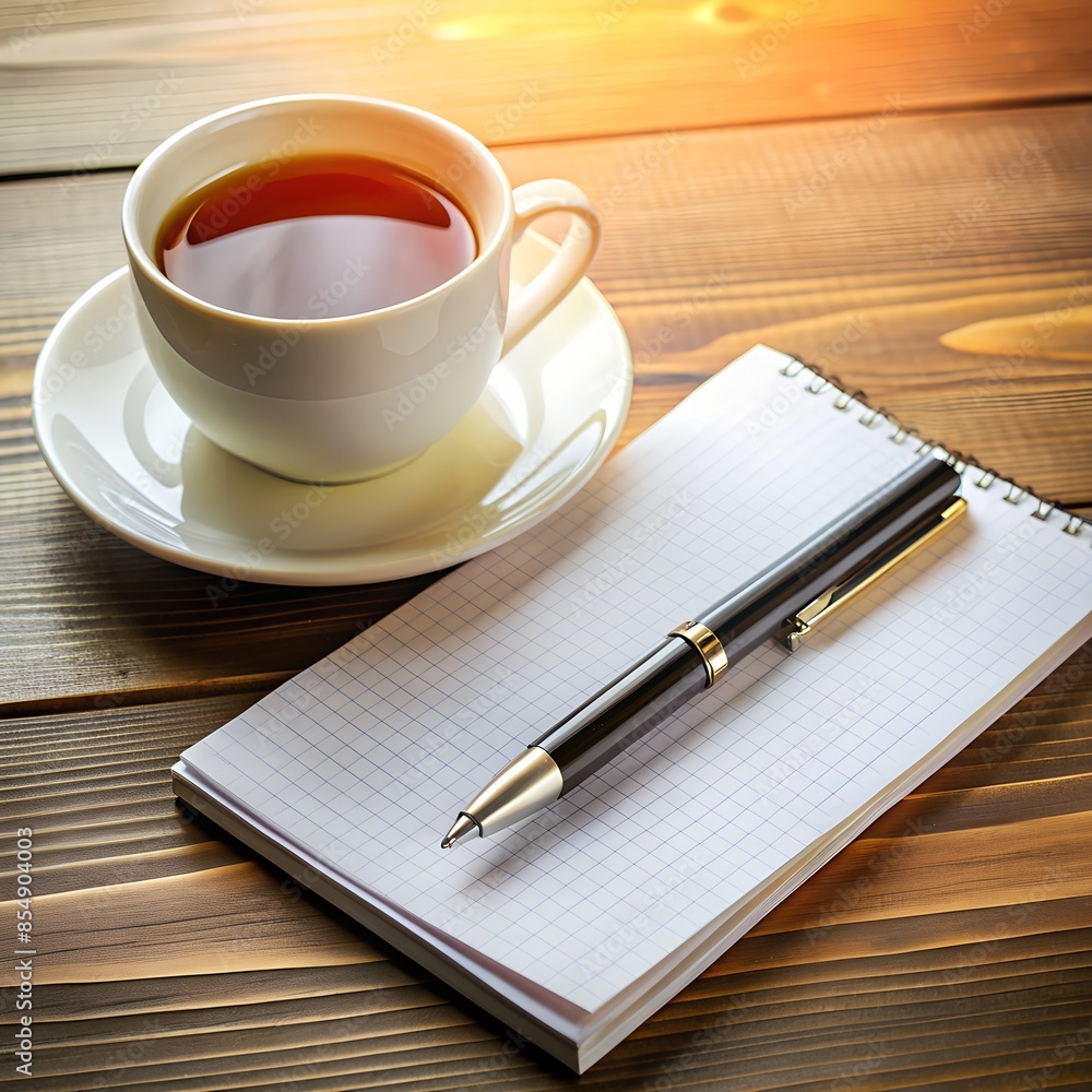 a cozy place to work. workplace. notebook/notebook with a pen for notes and a cup of tea a cozy place to work. workplace. notebook/notebook with a pen for notes and a cup of tea