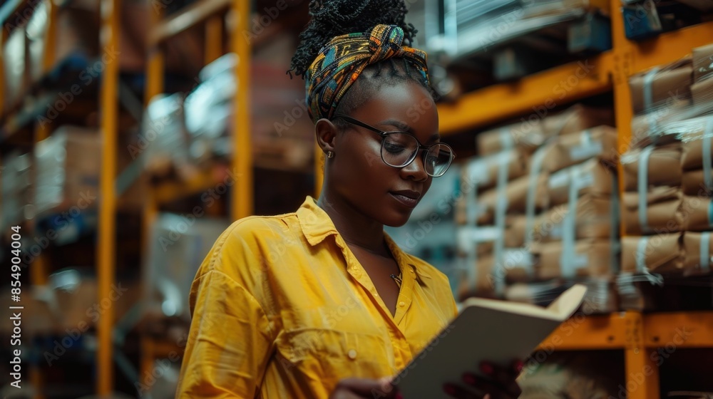 Confident Woman Small Business Owner Professionally Checking and Organizing Inventory on Shelves in a Warehouse Facility Entrepreneur Managing Logistics and Supply Chain Confident Woman Small Business Owner Professionally Checking and Organizing Inventory on Shelves in a Warehouse Facility Entrepreneur Managing Logistics and Supply Chain