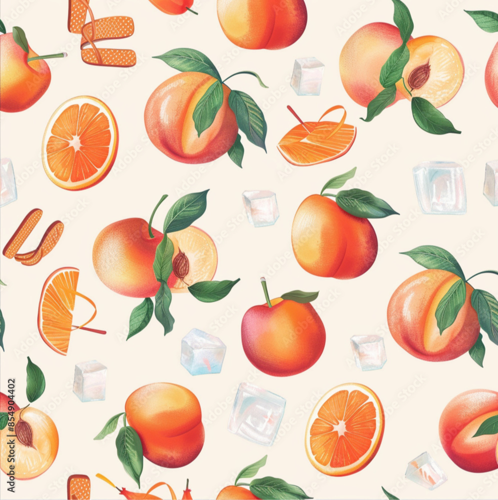 pattern of peaches, umbrellas, flipflops, summer feel, sun, ice cubes pattern of peaches, umbrellas, flipflops, summer feel, sun, ice cubes