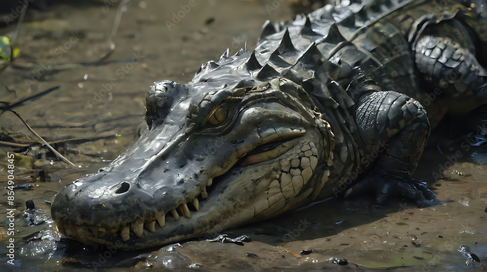 Fototapeta premium crocodile laying in muddy water with open mouth and teeth