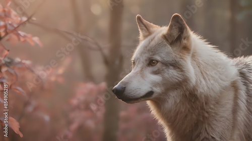 a white wolf standing in the woods looking at something