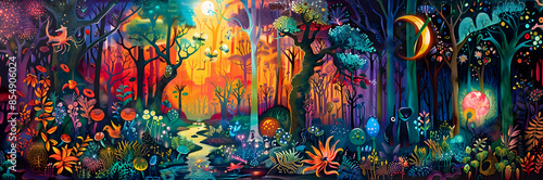 Enchanting Fairytale Forest Landscape with Glowing Fireflies and Magical Elements