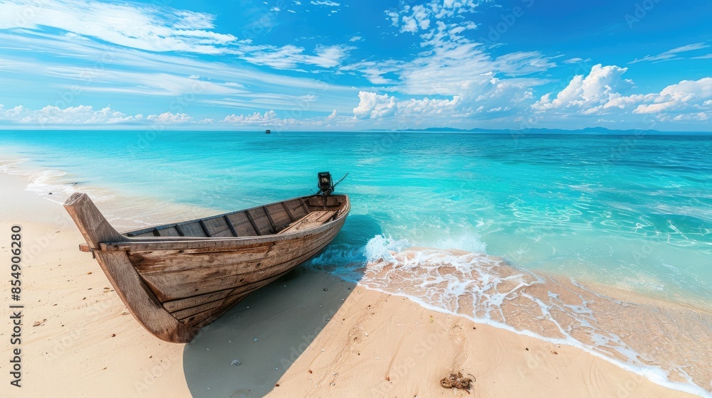Beautiful tropical beach with clear turquoise water and a wooden boat on a white sand Beautiful tropical beach with clear turquoise water and a wooden boat on a white sand