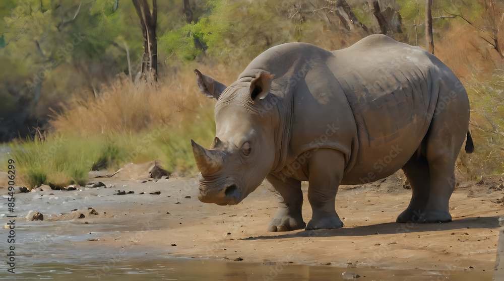 a rhino standing on the sand by the water