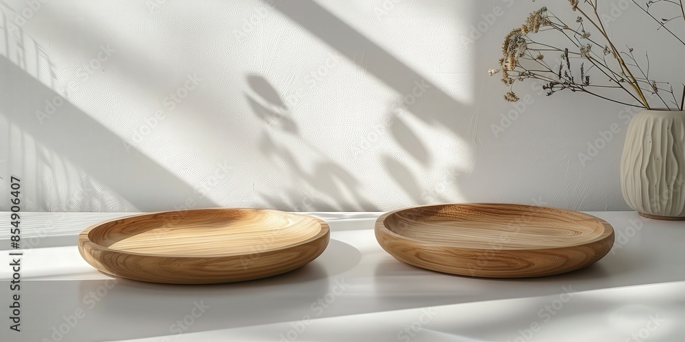 Two Wooden Plates on a White Tabletop with Dried Flowers Two Wooden Plates on a White Tabletop with Dried Flowers
