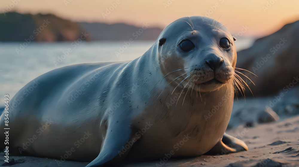 Obraz premium a seal that is laying on the sand by the water