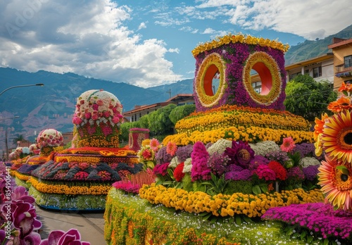 The intricate floral arrangements and brightly adorned floats parading through the streets of MedellÃ­n during the Feria de las Flores, capturing the essence of Colombian culture and nature photo