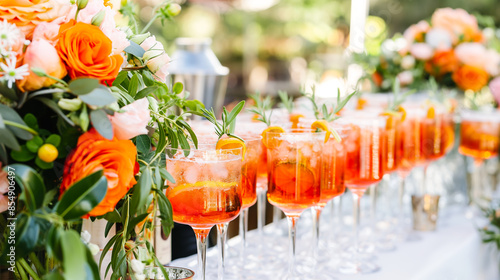 An elegant outdoor wedding reception featuring a cocktail bar with Aperol spritzes adorned with floral decorations. photo