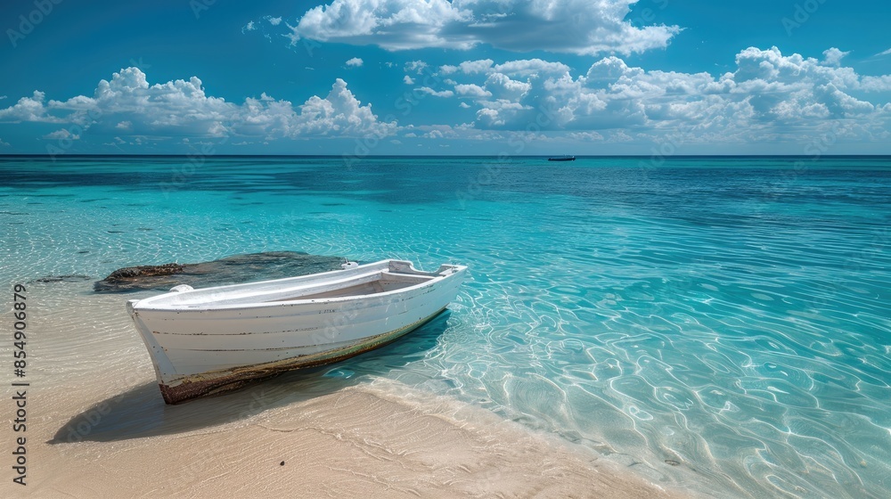 Beautiful tropical beach with clear turquoise water and a wooden boat on a white sand Beautiful tropical beach with clear turquoise water and a wooden boat on a white sand
