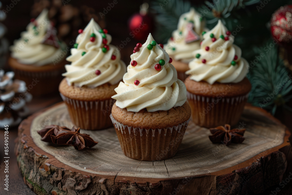 Close-up of four Christmas tree-shaped cupcakes with white frosting and red and green sprinkles, displayed on a wooden slab Close-up of four Christmas tree-shaped cupcakes with white frosting and red and green sprinkles, displayed on a wooden slab