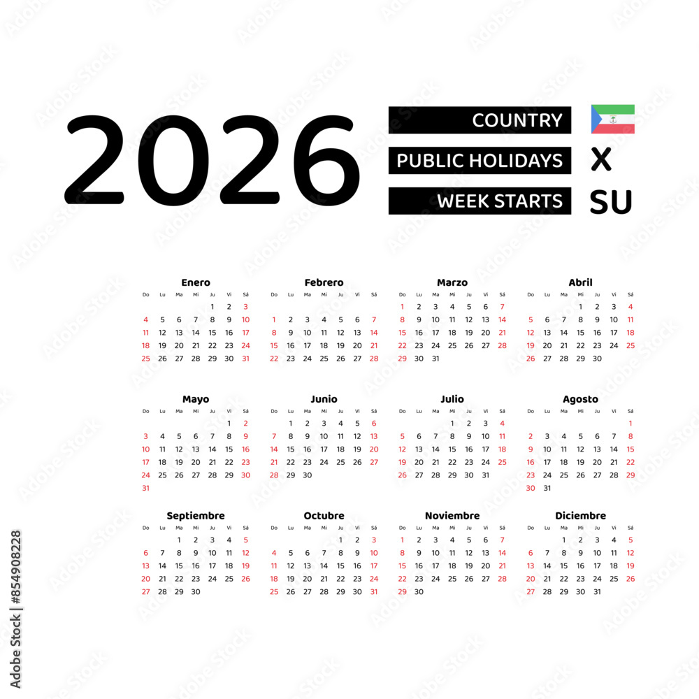 Equatorial Guinea calendar 2026. Week starts from Sunday. Vector graphic design. Spanish language. Equatorial Guinea calendar 2026. Week starts from Sunday. Vector graphic design. Spanish language.