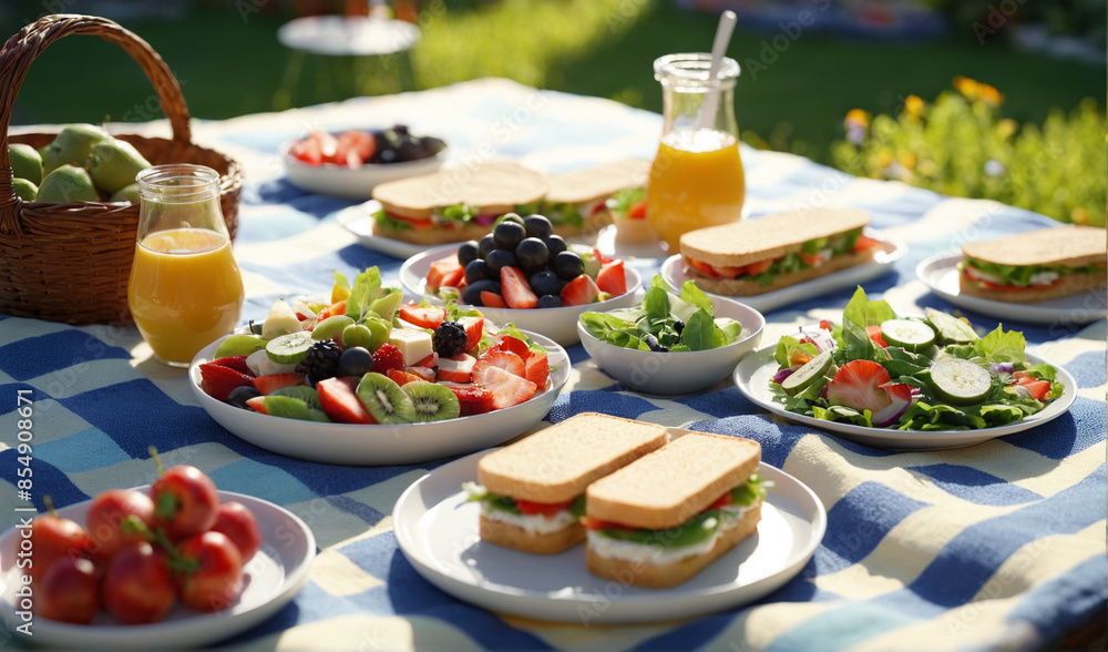 Picnic on a tartan blanket with a variety of sandwiches, fruit, colorful salads and plenty of snacks Picnic on a tartan blanket with a variety of sandwiches, fruit, colorful salads and plenty of snacks