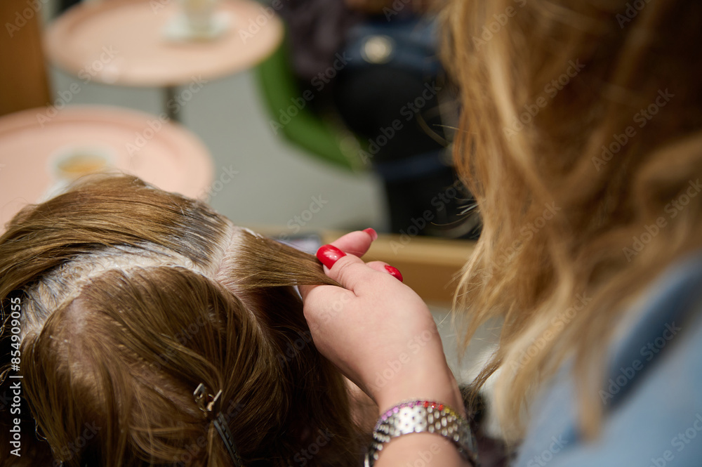 Fototapeta premium Hairdresser applying hair dye at beauty salon