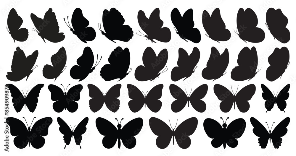 Fototapeta premium Set of black butterflies isolated on white background, collection of silhouettes. Butterfly black color, flying shape, vector design. Abstract modern monarch butterfly contours for decoration design