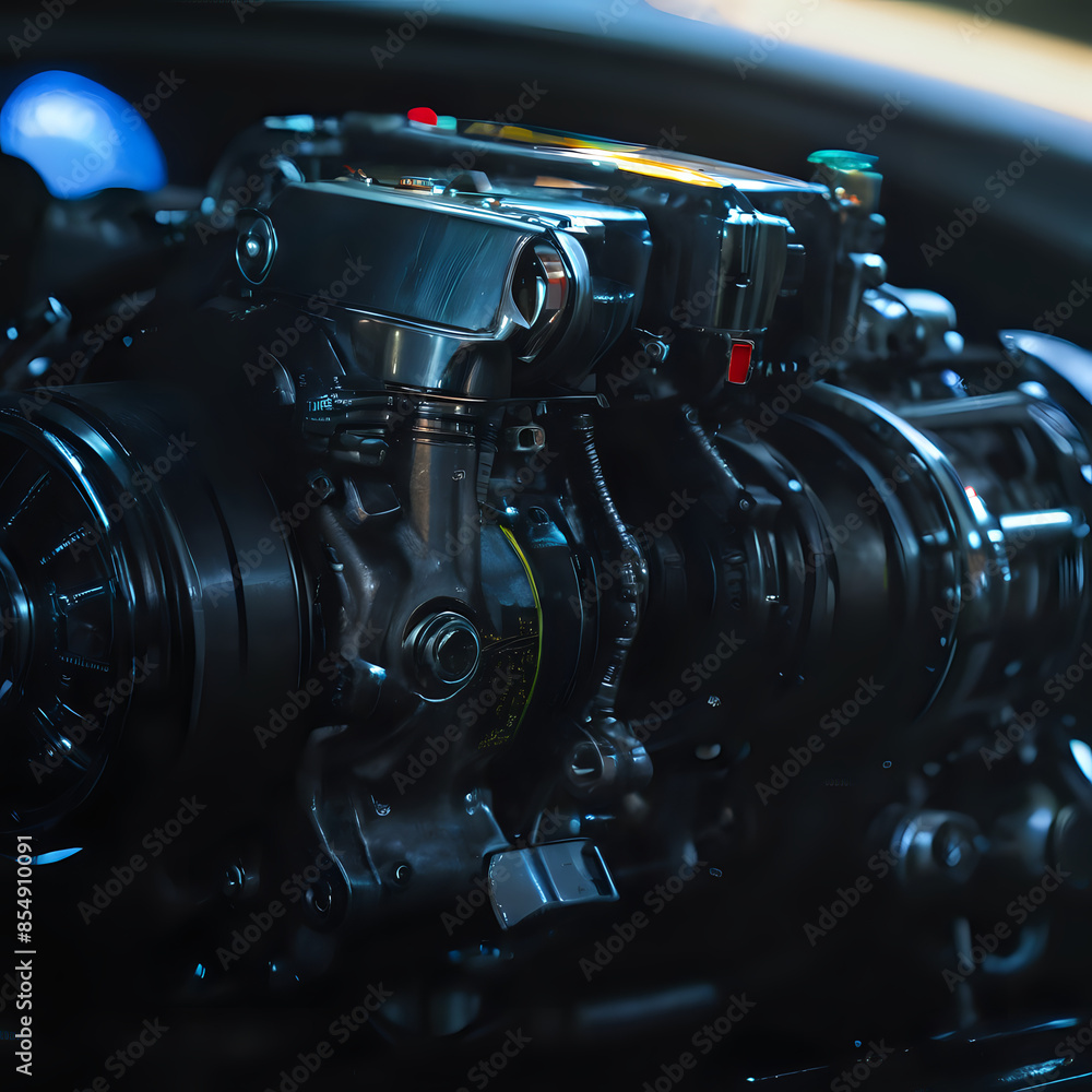 Fototapeta premium a close up of a motorcycle engine with a red light