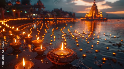 Illuminated Diya Lamps Along River at Sunset Beside Hindu Temple photo