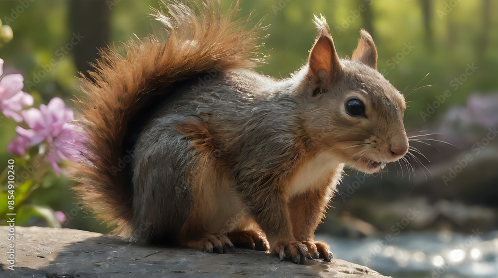a squirrel sitting on a rock in the woods