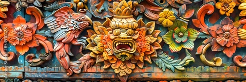 Wallpaper Mural Intricate Mythical Dragon and Flower Carvings on Ornate Wooden Temple Architecture Torontodigital.ca