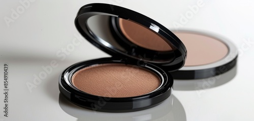 Close-up of an open compact powder with mirror, showing a neutral shade, placed on a white surface. modern design