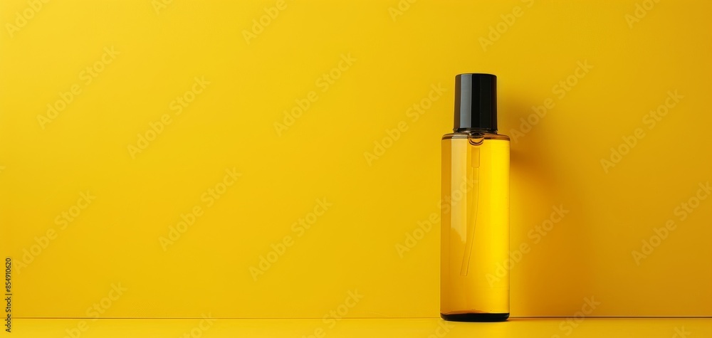 Minimalist yellow spray bottle on vibrant yellow background ideal for advertising and design projects. Transparent cosmetic bottle Minimalist yellow spray bottle on vibrant yellow background ideal for advertising and design projects. Transparent cosmetic bottle