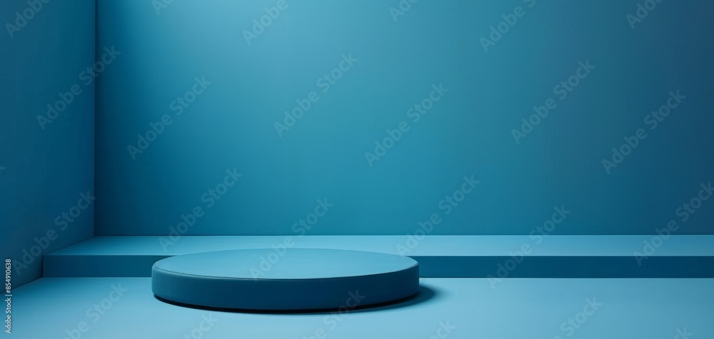 Minimalistic empty blue podium in a blue room, perfect for showcasing products, presentations, or abstract art. Clean and modern design. Minimalistic empty blue podium in a blue room, perfect for showcasing products, presentations, or abstract art. Clean and modern design.