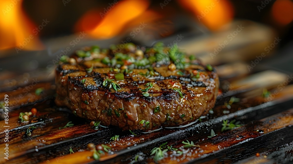 Juicy Char Grilled Steak Sizzling on a Rustic Barbecue Grill with Flavorful Herbs and Spices Juicy Char Grilled Steak Sizzling on a Rustic Barbecue Grill with Flavorful Herbs and Spices