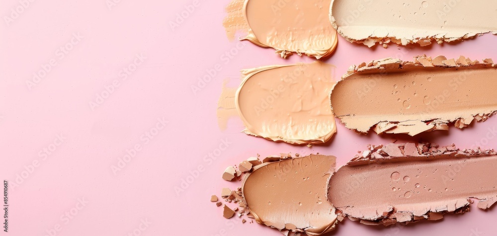 Various shades of foundation cream smeared on a pink background, highlighting different skin tones in a cosmetic beauty product display. Various shades of foundation cream smeared on a pink background, highlighting different skin tones in a cosmetic beauty product display.