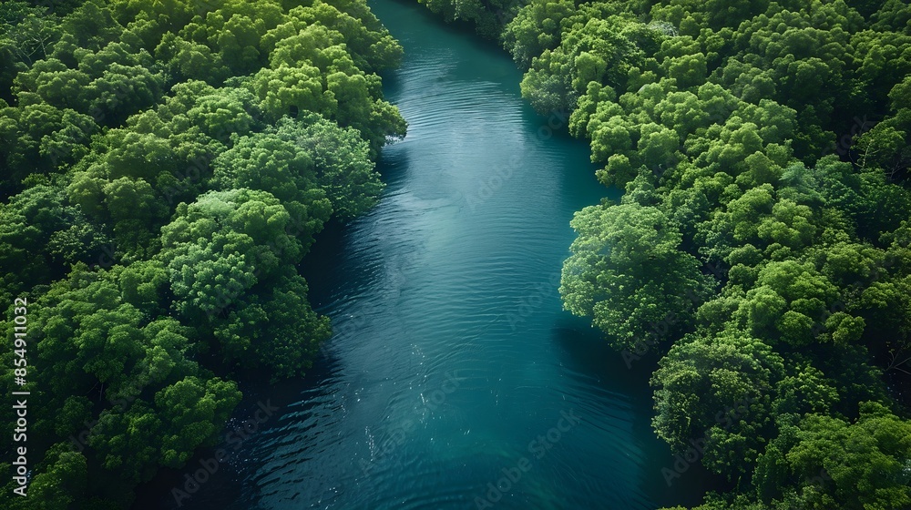 Lush Green Forest with Meandering Turquoise River Flowing Through Serene Wilderness Landscape Lush Green Forest with Meandering Turquoise River Flowing Through Serene Wilderness Landscape