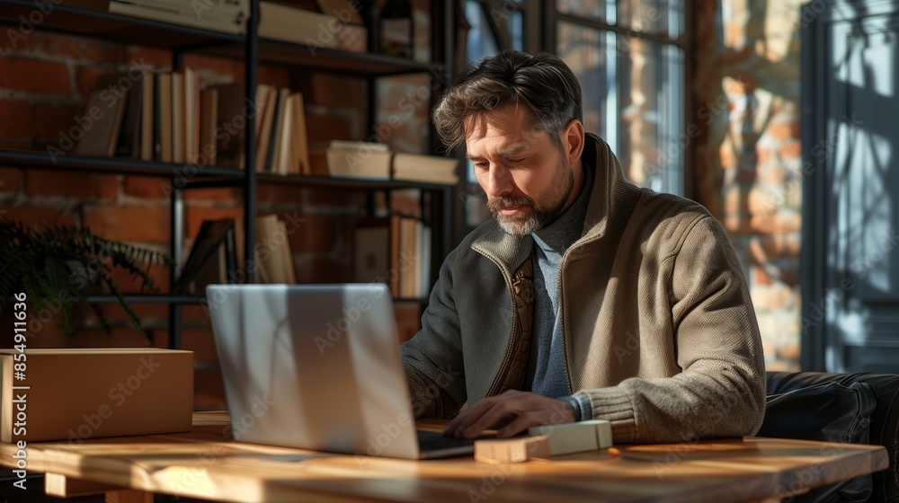 Focused middle-aged man working on a laptop in a stylish, sunlit home office with a modern design. Focused middle-aged man working on a laptop in a stylish, sunlit home office with a modern design.